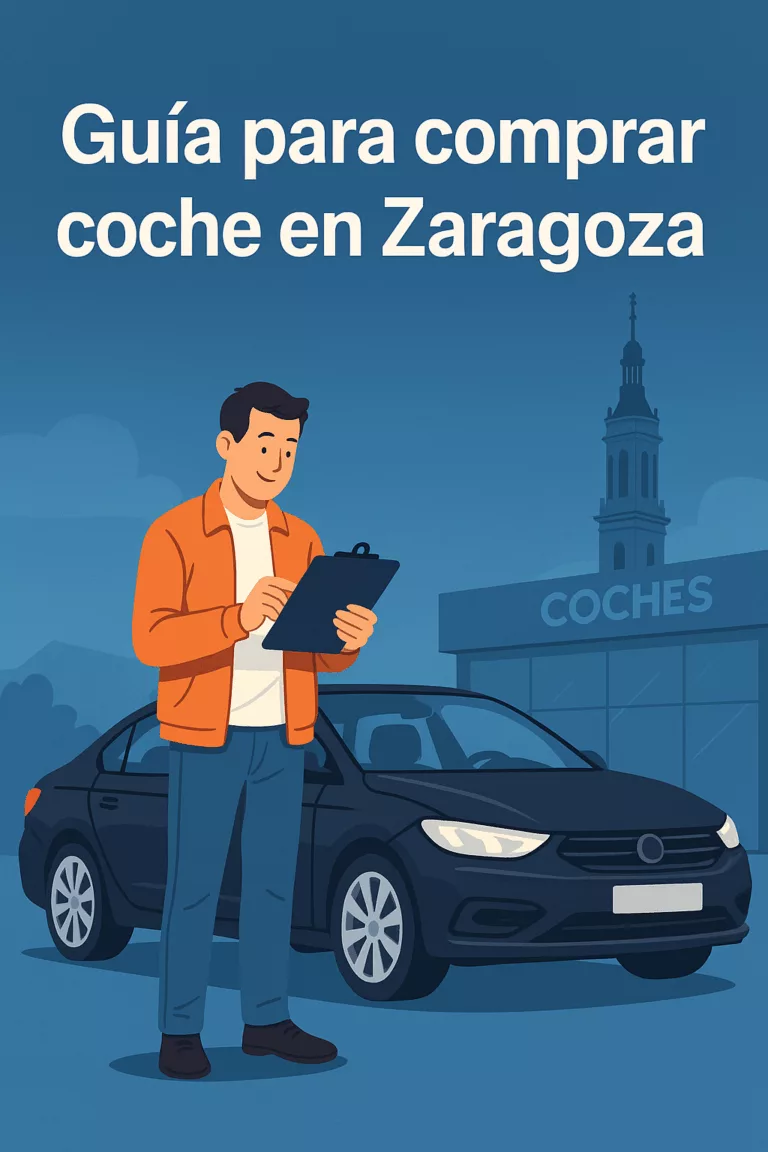 Ilustración digital en estilo plano de una persona comprando un coche en un concesionario profesional, representando el proceso de elección, garantía y asesoramiento personalizado en Zaragoza.