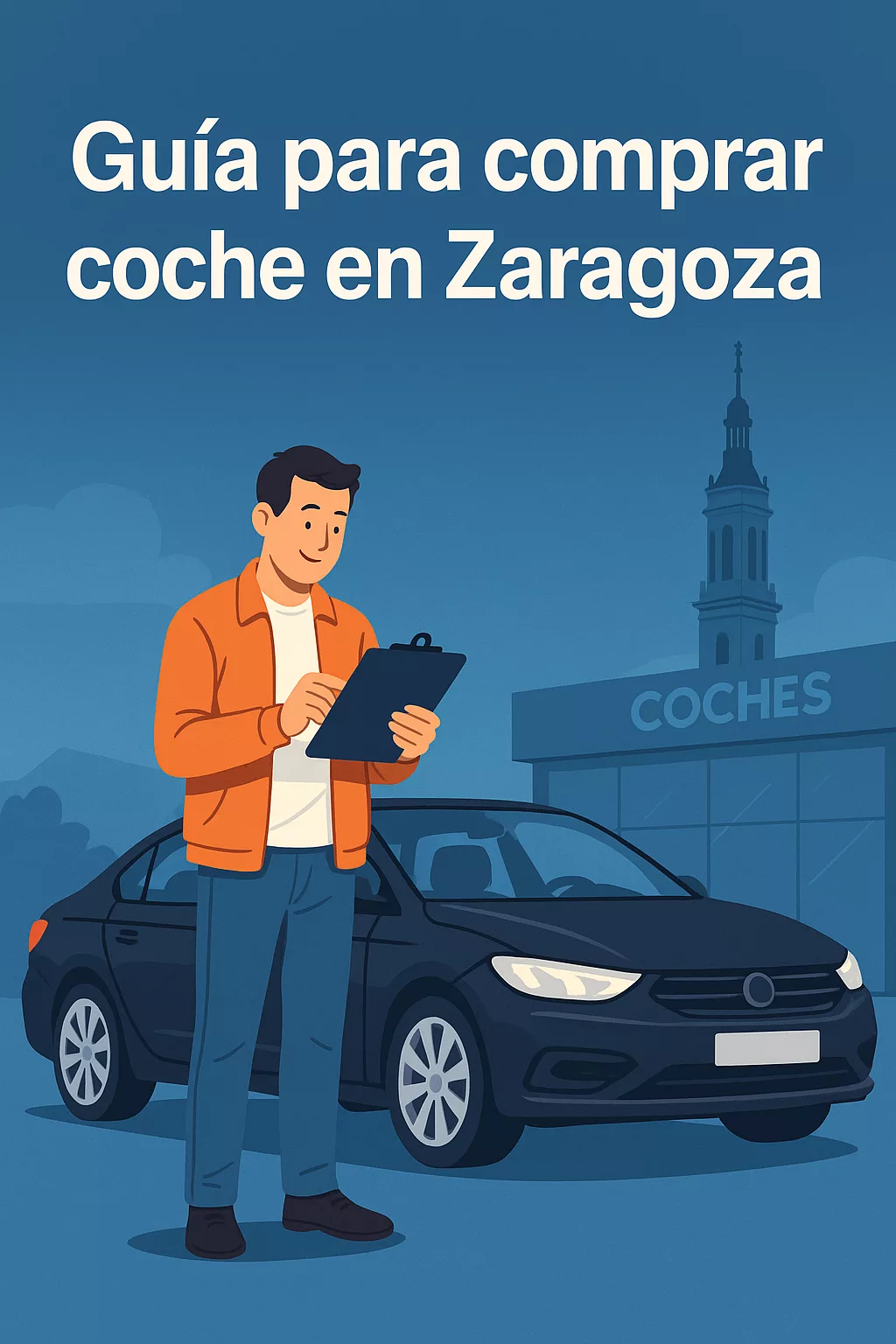 Ilustración digital en estilo plano de una persona comprando un coche en un concesionario profesional, representando el proceso de elección, garantía y asesoramiento personalizado en Zaragoza.