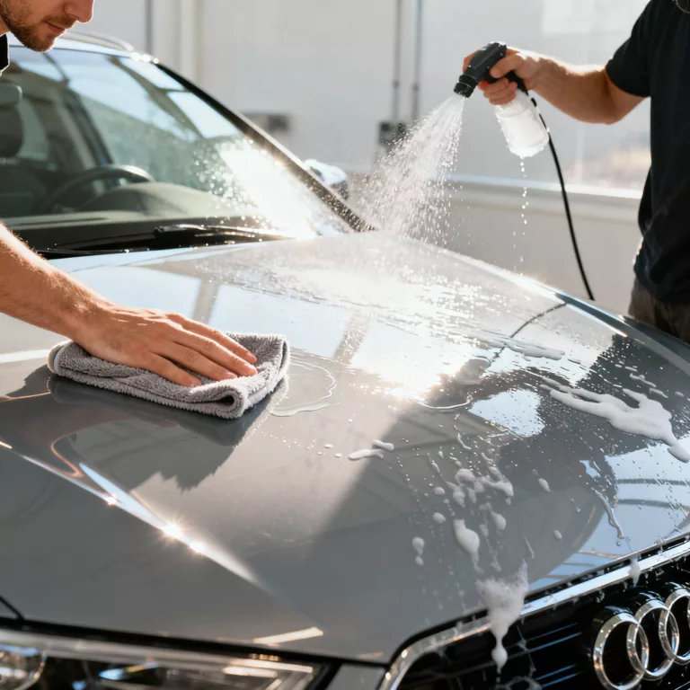 Escena profesional de limpieza de coche mostrando cuidado del exterior e interior con expertos trabajando.