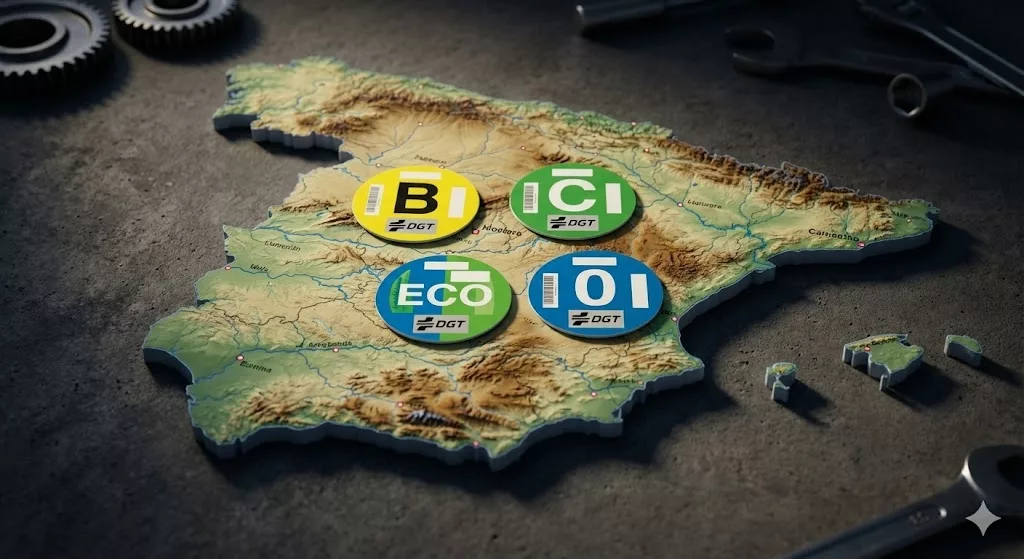 Mapa de España 3D con etiquetas medioambientales DGT (B, C, ECO, 0) y Zonas de Bajas Emisiones ZBE destacando Zaragoza